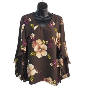Oddy Women's Brown with Floral Print Ruffle Sleeves Top Blouse Size M